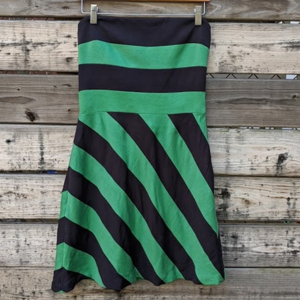BCBGMaxAzria Green and Navy Striped Strapless 10
